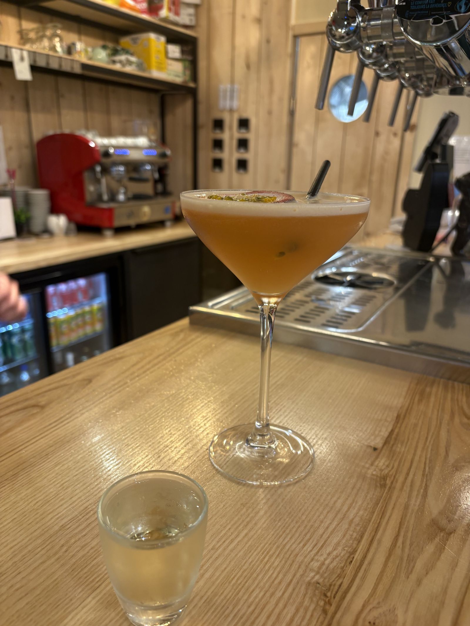 A homemade cocktail on the bar counter.