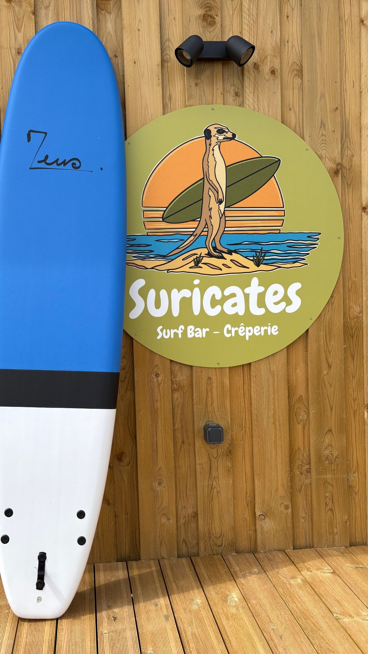 A blue surfboard leaning against the timber cladding, next to the round Les Suricates logo.